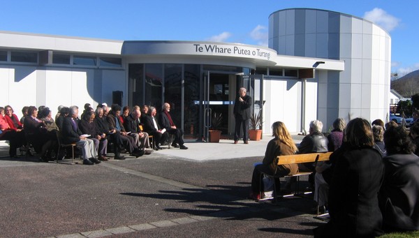 Turangi/Tongariro Community Board Chairman Don Ormsby addressing the crowd at the official opening ceremony of the Turangi Public Library yesterday.